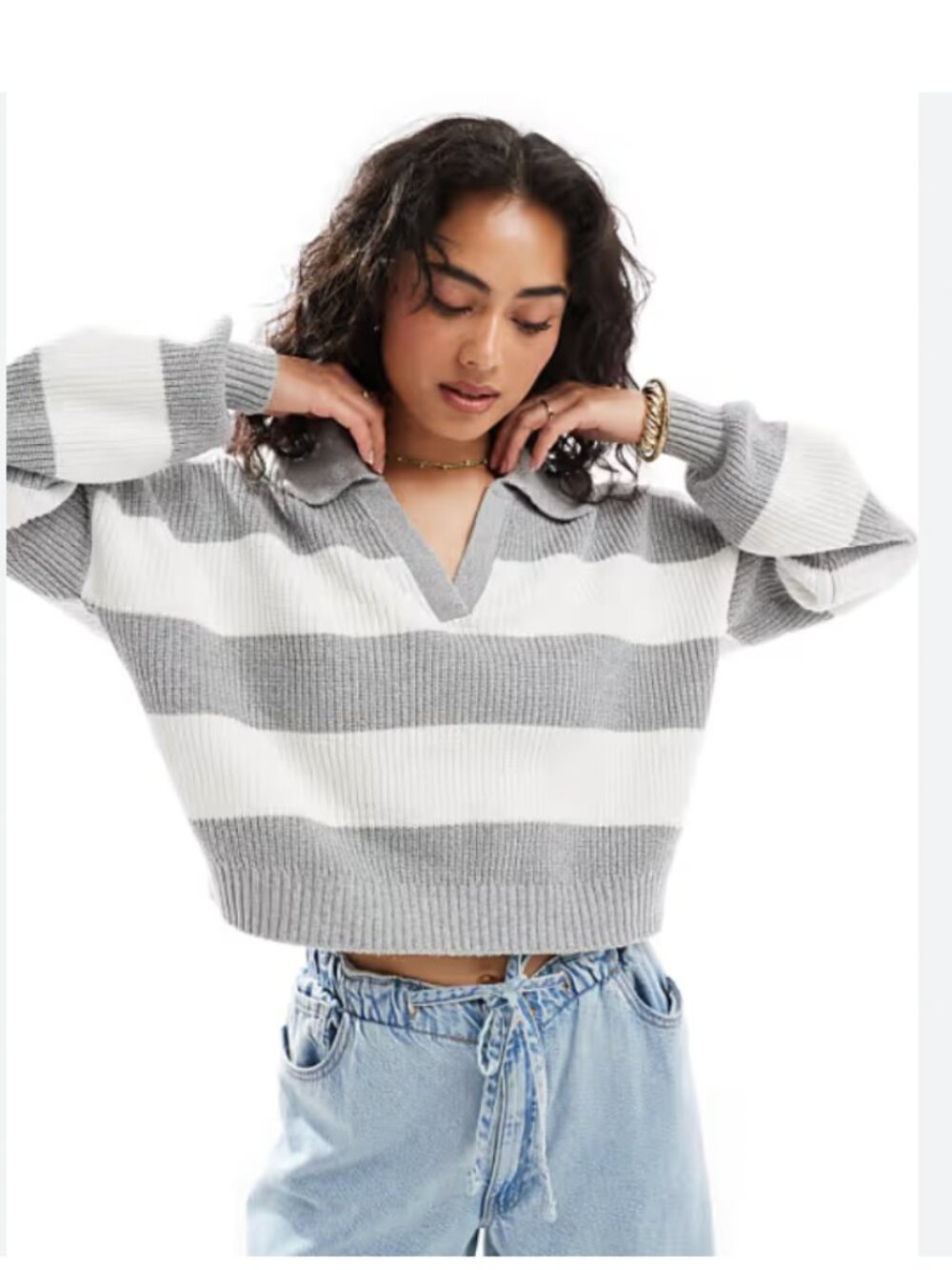 Hollister Gray White Striped Collared Cropped Sweater Size Medium NWT
